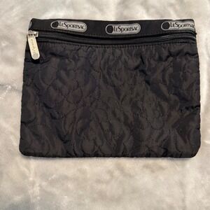 LeSportsac Quilted Black Floral Small Zip Pouch Makeup‎ Bag 7x6